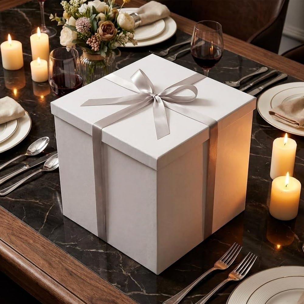 UoeRing Glossy White Large Gift Box 1Pcs 12x12x11 Inch,Gift Box with Lid for Presents Birthdays,Christmas Valentine's Day,Mother's Day, with Ribbon Card Envelope Shredded Paper Fill