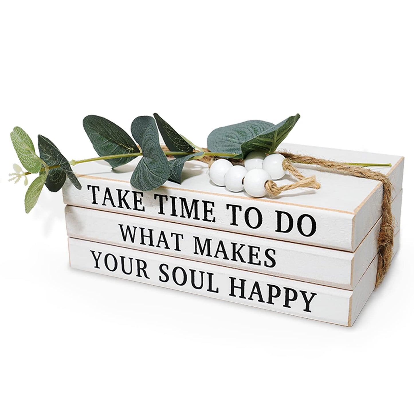 LARAINEIK 3 Pieces Wooden Decorative White Books, Rustic Farmhouse Faux Books for Coffee Table Shelves with Wood Bead Tassels and Leaves, 7'x 4.6'x 2.5' (Take Time to Do, What Makes, Your Soul Happy)