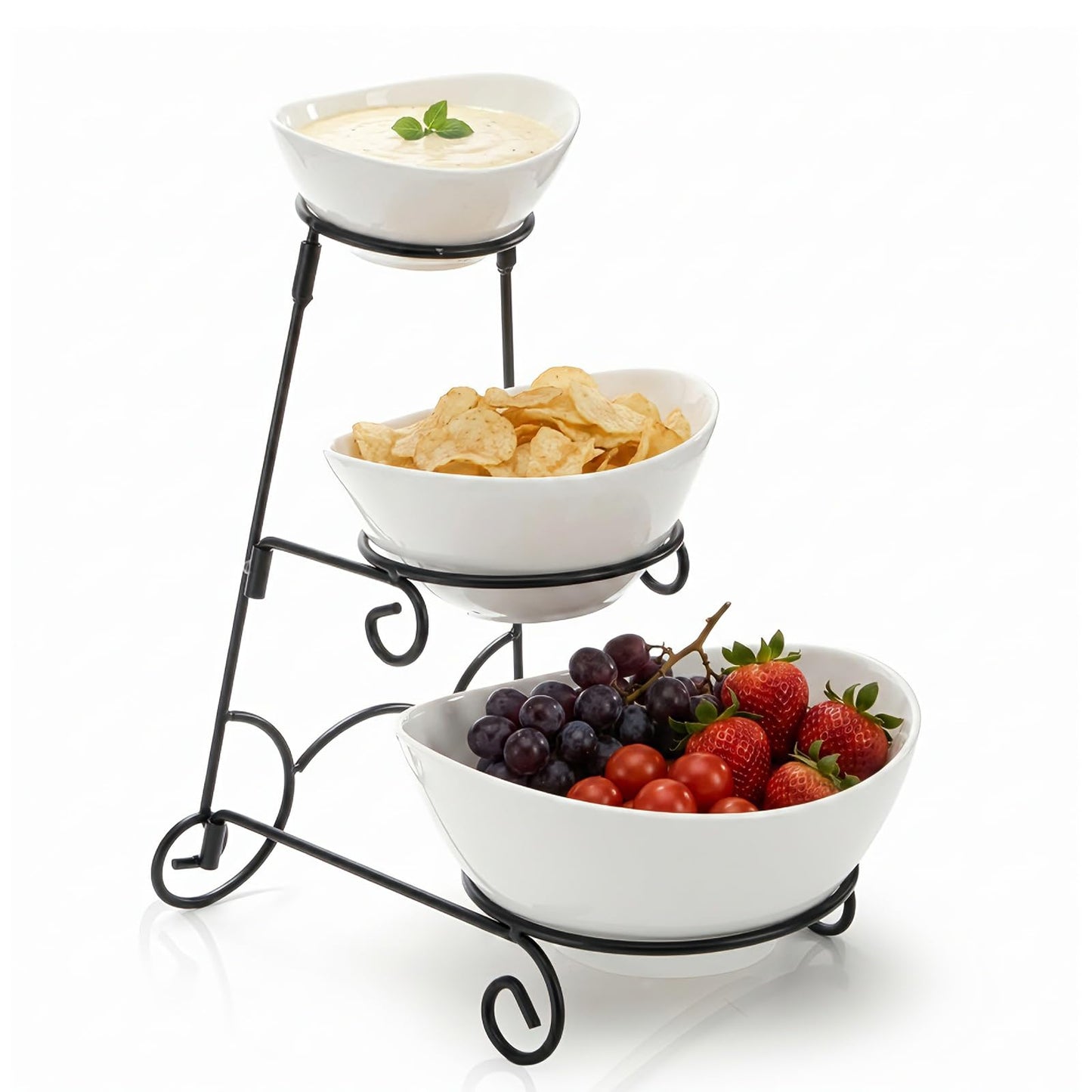 Covzoe Chip and Dip Serving Set, 3 Tiered Ceramic Serving Bowl Dishes with Collapsible Metal Rack, Appetizer Food Display Stand Platters for Fruit Dessert Party Entertaining