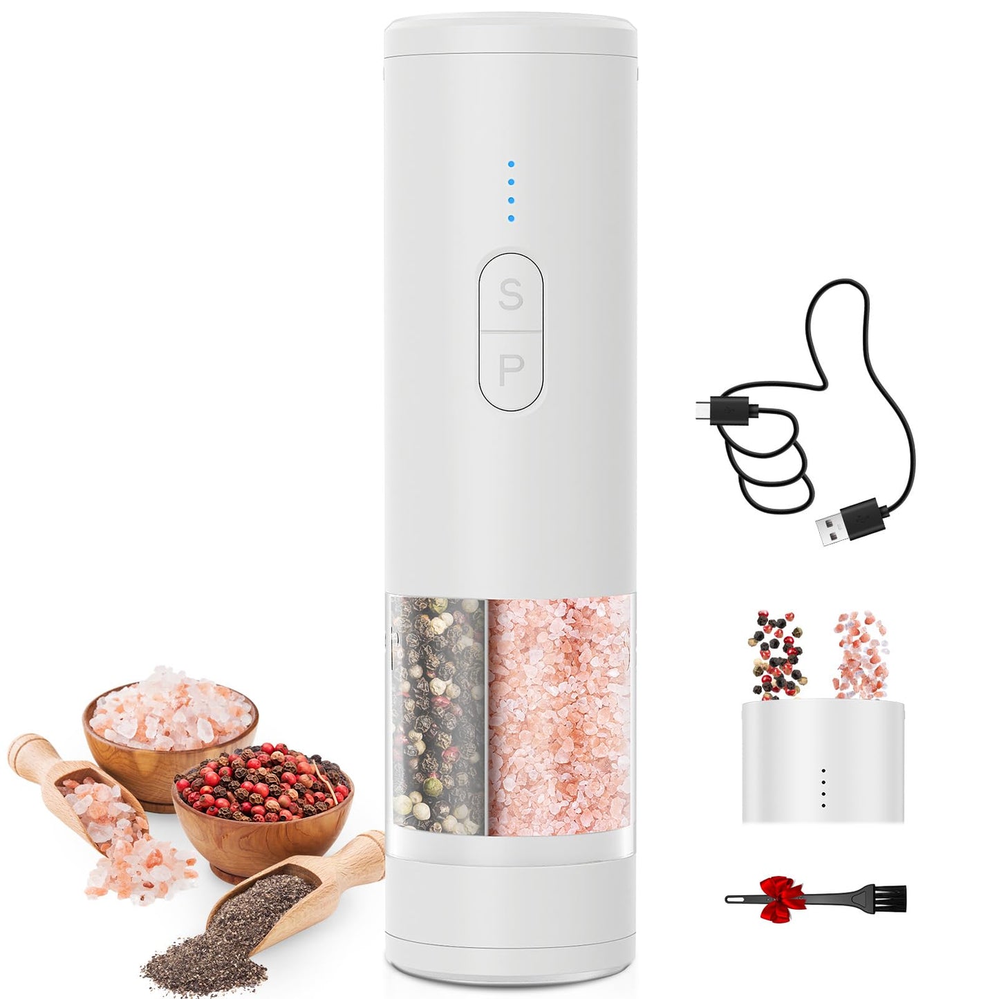 HeatBay 2 in 1 Electric Salt and Pepper Grinder Set, USB Rechargeable, Automatic Salt and Pepper Mill Shakers with Battery Display, LED Light, Adjustable Coarseness(White)