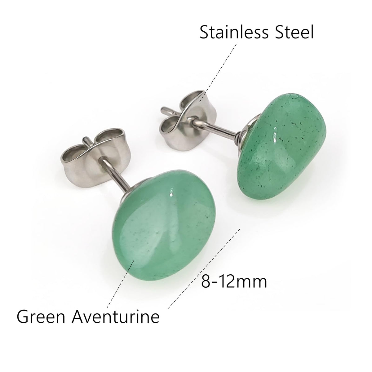 ZILENIU Green Aventurine Stud Earrings, Hypoallergenic Stainless Steel, 8-12mm, Polished, March Birthstone, Women's Everyday Earrings