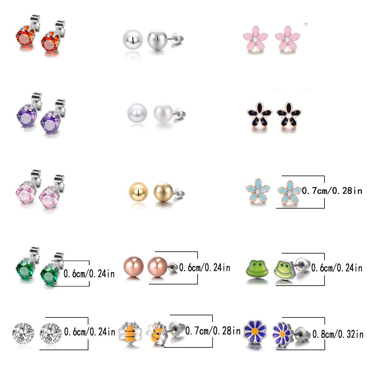30 Pairs Stainless Steel Mixed Color Cute Animals Fox Heart Star Ladybug Bee Frog Mushroom Tree Daisy Umbrella Rose Gold White Pearl Stud Earrings Set (animal tree pearl)