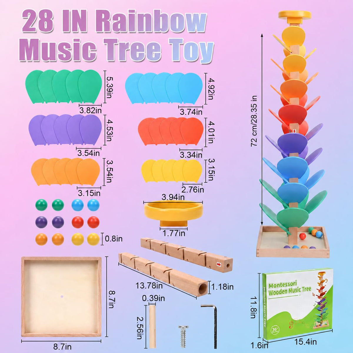 Rainbow Music Tree Toy, Wooden Marble Run Ball Drop Toy for Kids Ages 3+
