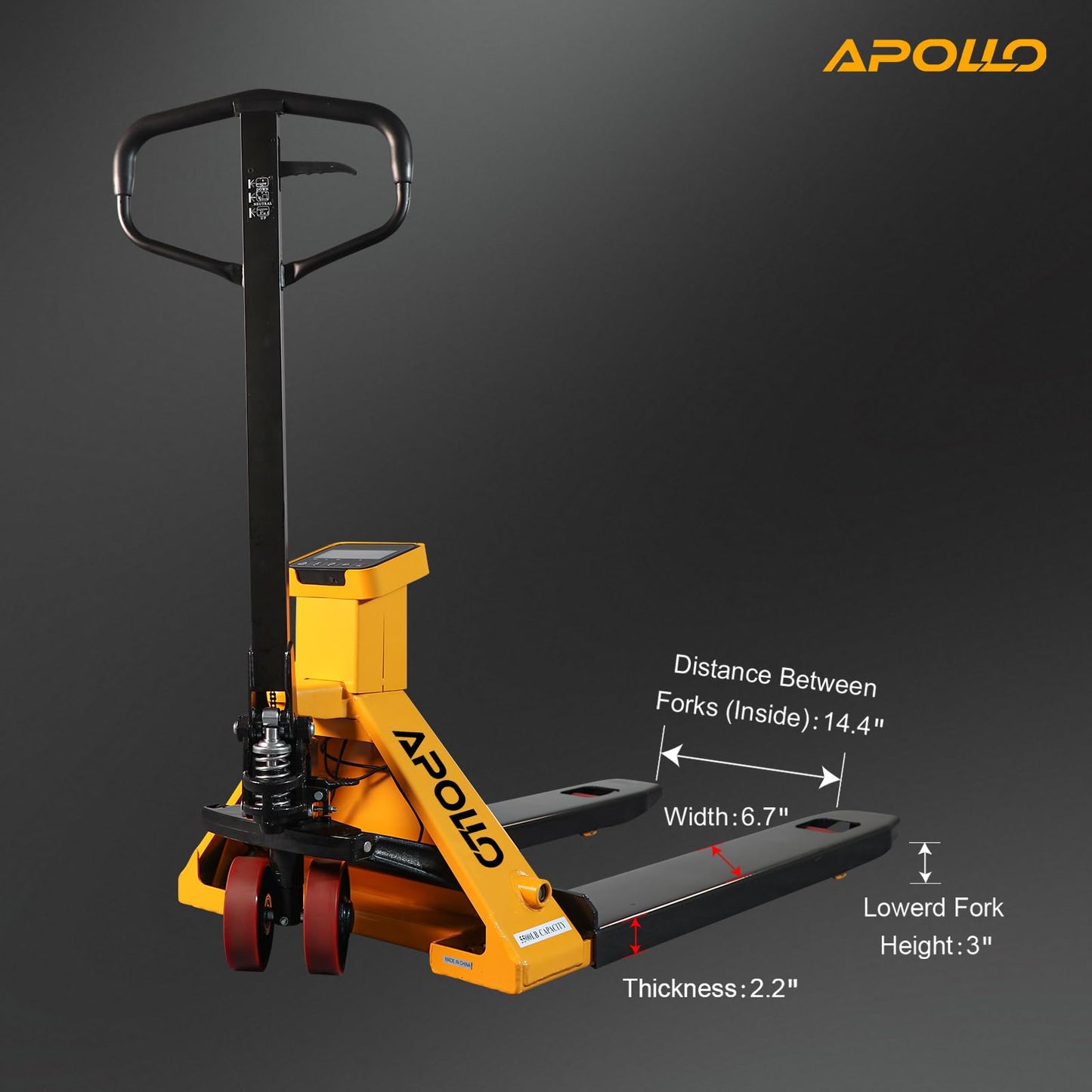 APOLLO Scale Pallet Jack 5500lbs Capacity, Lb/Kg Switchable Electronic Scale Manual Hand Truck, 0.1% Accurate, 45 x 27.7 Forks for Warehouse, Supermarket, Logistics Center