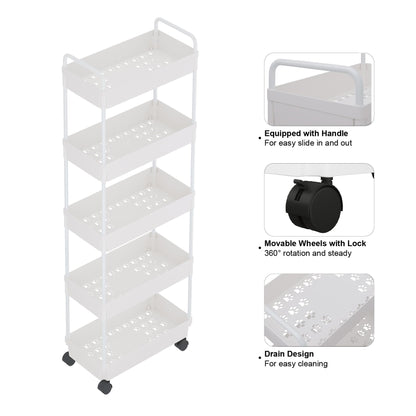 Buzowruil Rolling Storage Cart 5 Tier Organizer Mobile Shelving Unit Storage Rolling Utility Cart with Wheels for Kitchen Bathroom Laundry,White