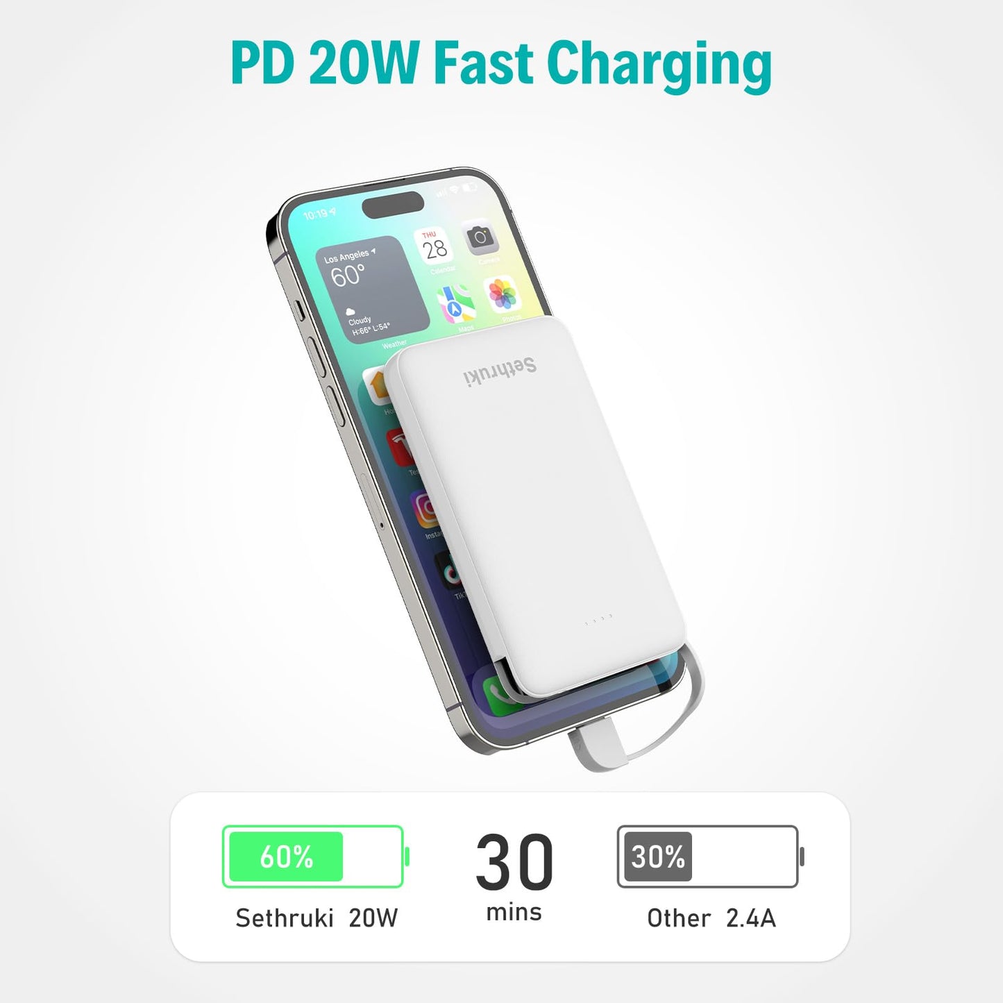 Slim Portable Charger with Built in USB C Cable,20W Fast Charging Power Bank,Small Mini Lightweight Phone Battery Pack 6000mAh,Ultra Thin Travel Essentials for iPhone 17 16 15 Series,Samsung,Android