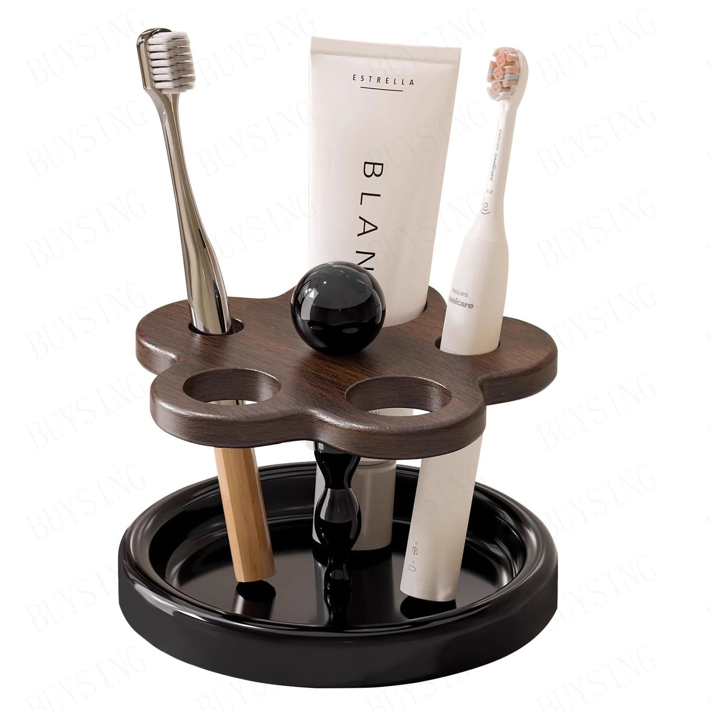 Wooden Toothbrush Holders for Bathroom – 5-Slot Natural Wood Countertop Organizer with Cute Flower Pattern Design,Family Size for Electric Toothbrushes, Toothpaste, Razors & Small Comb