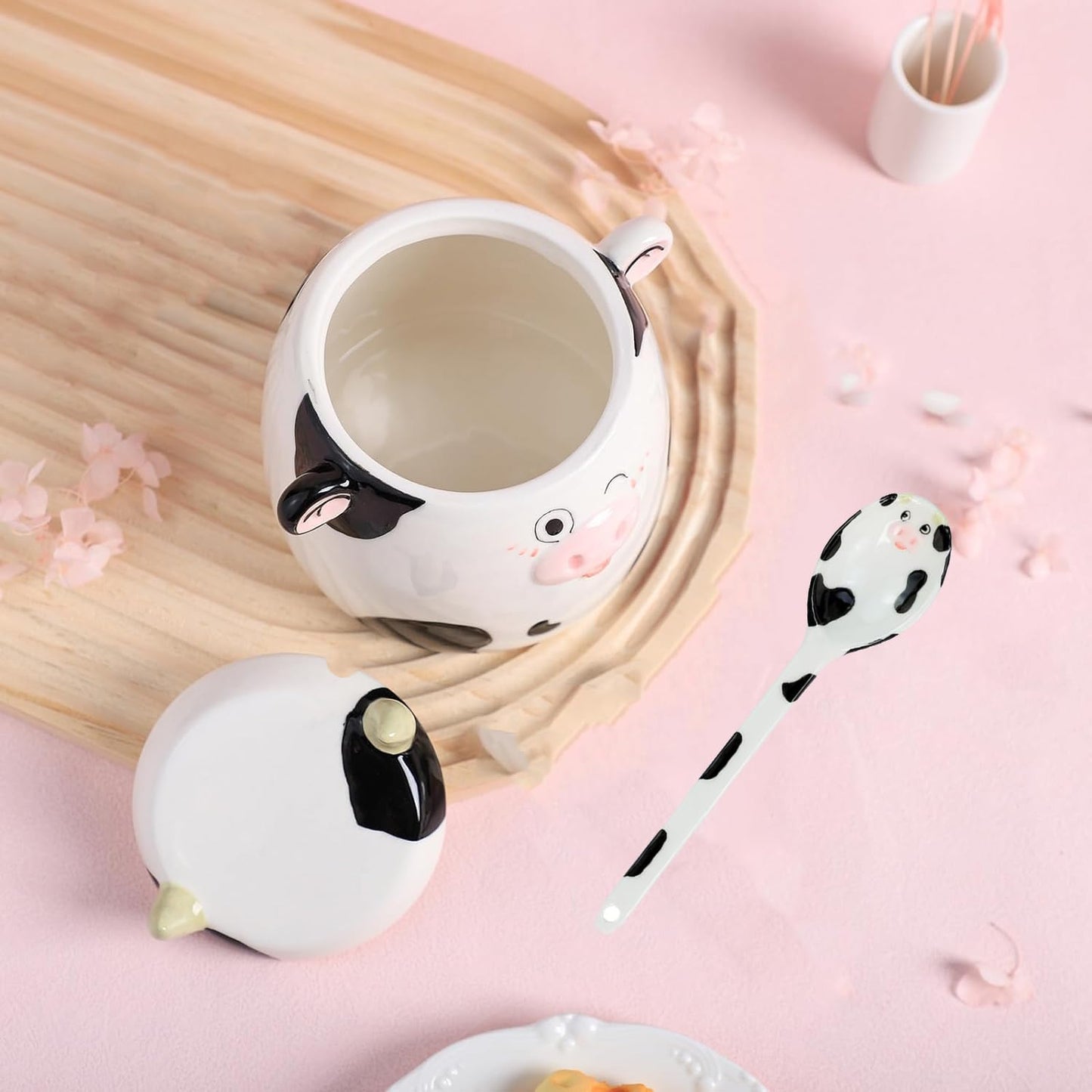 Bicuzat Cute Cow Pattern Ceramic Sugar Bowl, Cow Shaped Salt Bowl with Lid Spoon Set, 15 OZ