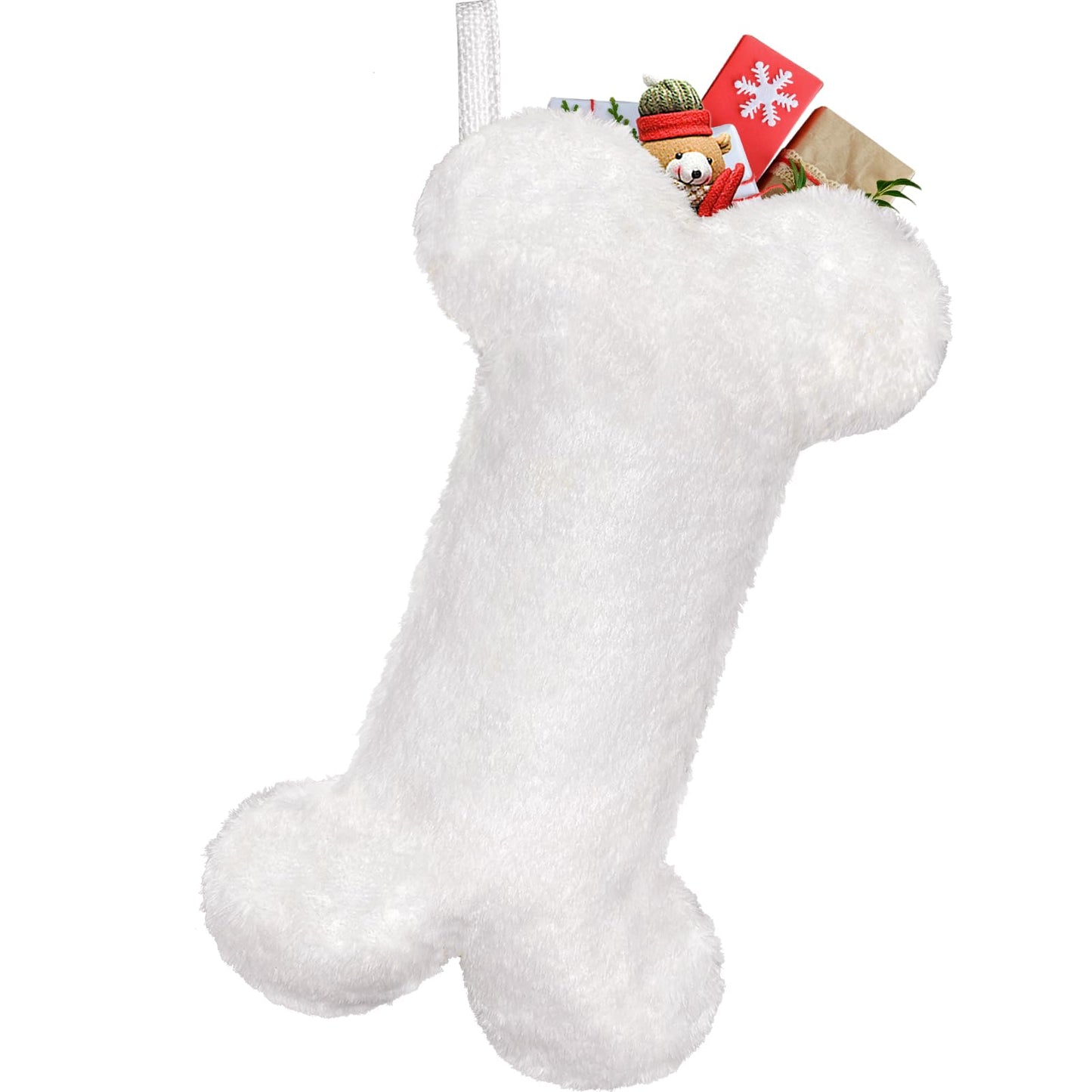 Malier Dog Christmas Stocking, Xmas Luxury Faux Fur Large Bone Shape Hanging with Silver & Gold Snowflakes Sequin Decorations Pets Christmas Dog Stockings for Dogs Cats Pets (Whith)