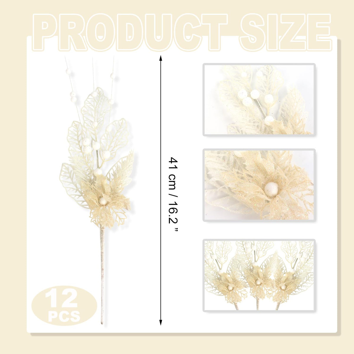 12 Pcs 16.3 Inch Christmas Tree Picks for Christmas Decoration Tree Glitters Christmas Picks Sprays with Flowers Berry Leaves Christmas Glitter Berries Stems for Xmas Tree Ornaments(White)