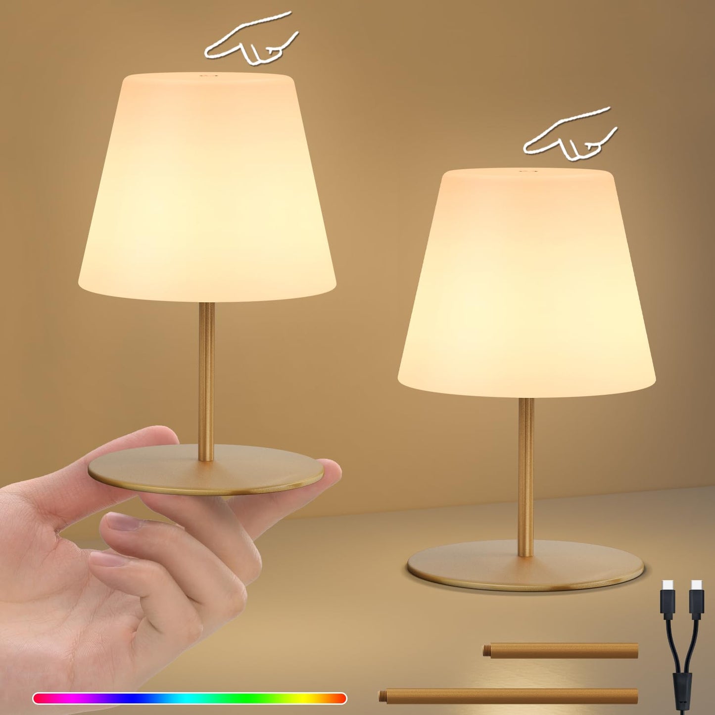 uuffoo 2 Pcs Mini Shower Lamp Rechargeable Table Lamp, Cordless Desk Lamps Bathroom Lamp Touch Warm White and RGB IP44 USB-C Cable, Easily Portable for Bedroom Bathroom Balcony Patio (Gold)
