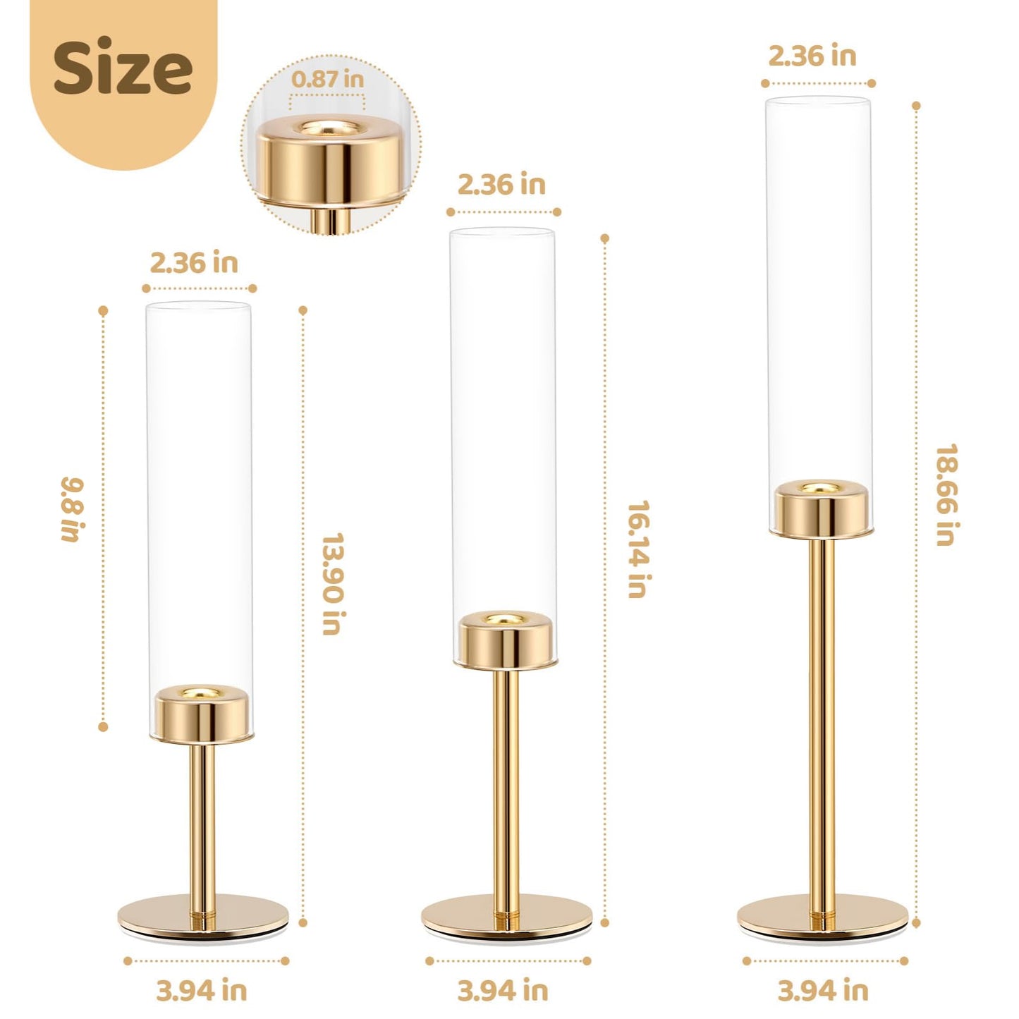 Gold Hurricane Glass Candle Holders Set of 3 Brass Taper Candlestick Holder
