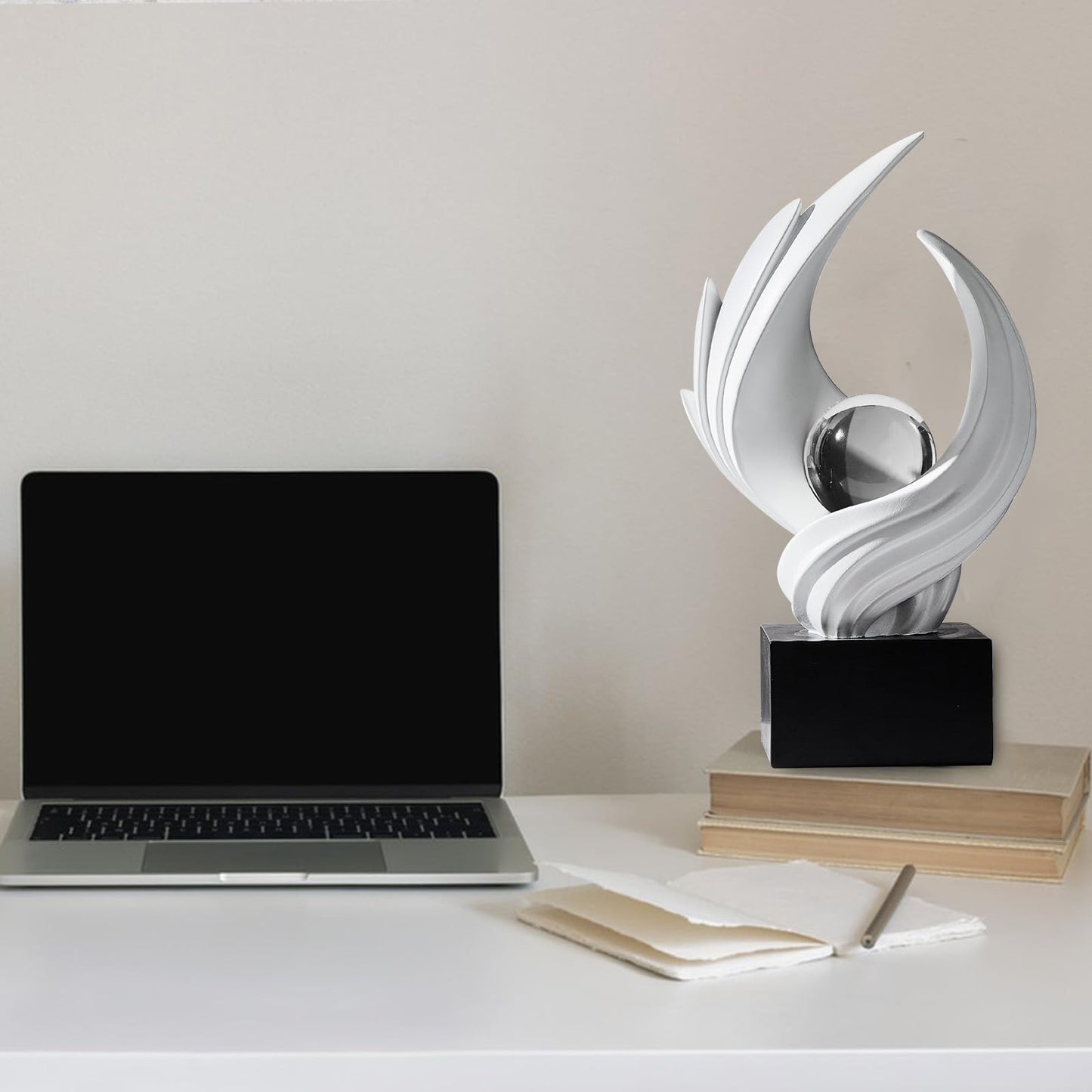 Modern Art Statue Decor, Abstract Swirl-Shaped Sculpture with Glass Ball Resin Art Figurines Centerpiece Sculptures for Home Decor Living Room Stand Coffee Table Office Bookshelf Decoration (white)