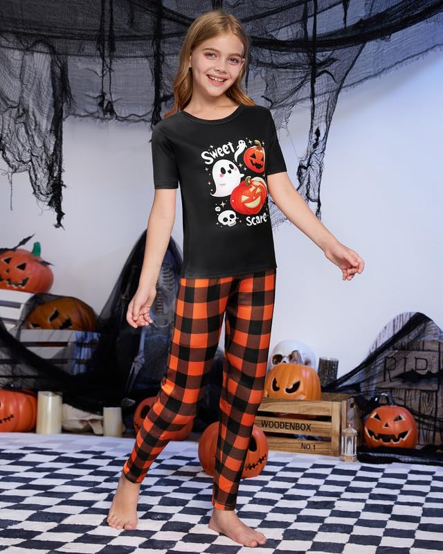 MyFav Womens Pajamas Halloween Sleepwear Family Matching Short Sleeve Adult Nightwear Black Orange,M
