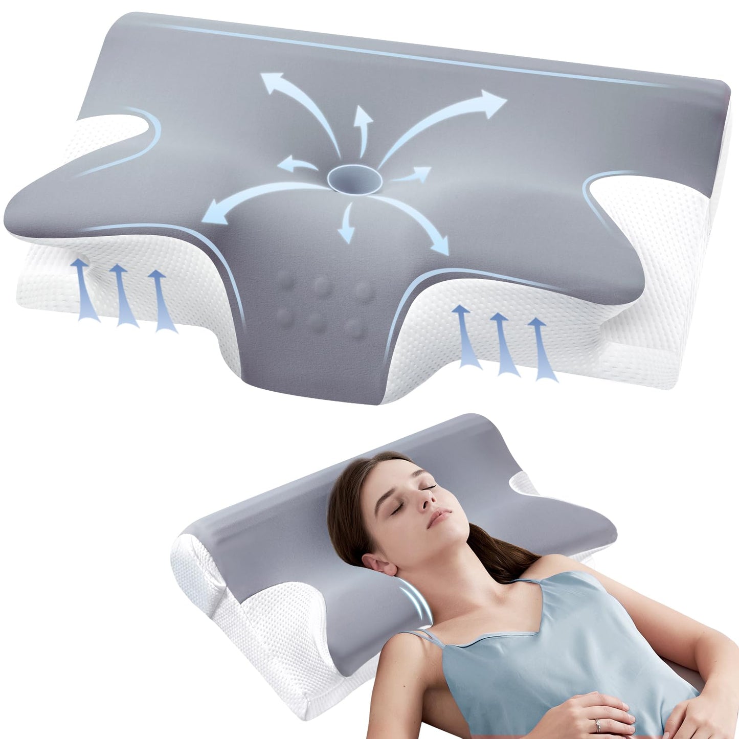 Effective Pain Relief Cervical Neck Pillow for Sleeping, Memory Foam Pillows for Neck Support, Odorless Contour Side Pillow, Ergonomic Bed Pillow for Back Stomach Sleeper (Grey and White)
