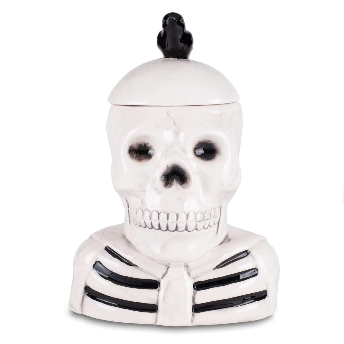 100 North Dolomite Ceramic 12 x 8.5 Halloween Cookie & Candy Jar with Airtight Lid: Perfect for Kitchen Canisters, Pet Treat Containers & Fall Decorative Candy Dish, Skeleton with a Crow