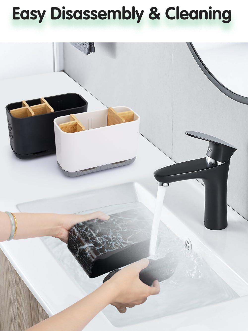 GFWARE Marble Toothbrush Holders, 5 Slots Bamboo Toothbrush and Toothpaste Holder for Bathroom Counter with Drainage, Kids Electric Toothbrush Organizer, Black Toothbrush Holders for Bathrooms