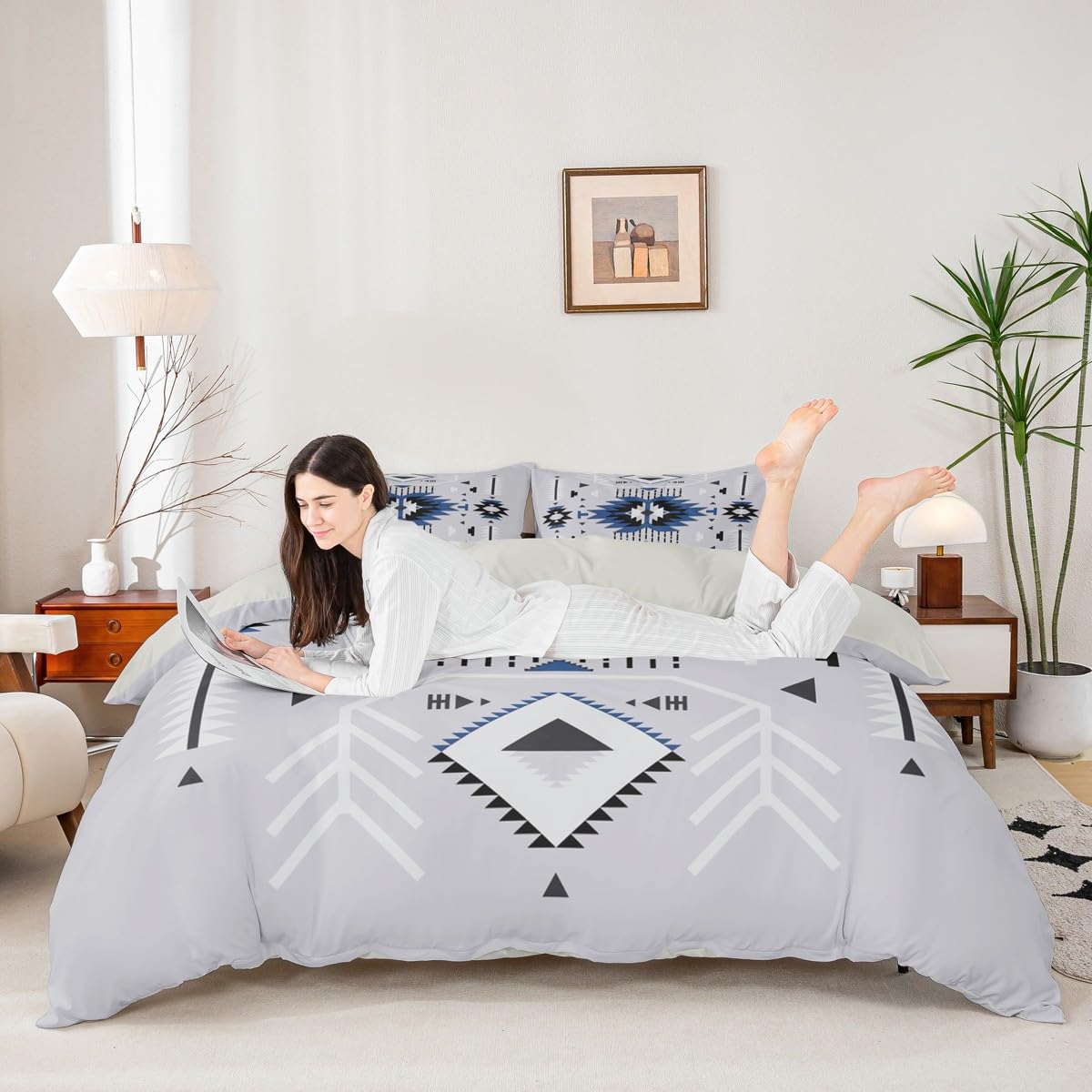 Southwest Bedding Set Grey Duvet Cover Set King Size Adults Rustic Geometric Arrow Abstract Comforter Cover 3pcs for Kids Girls Boys Men Room Decor Indian Tribal Themed Quilt Cover,2 Pillowcases