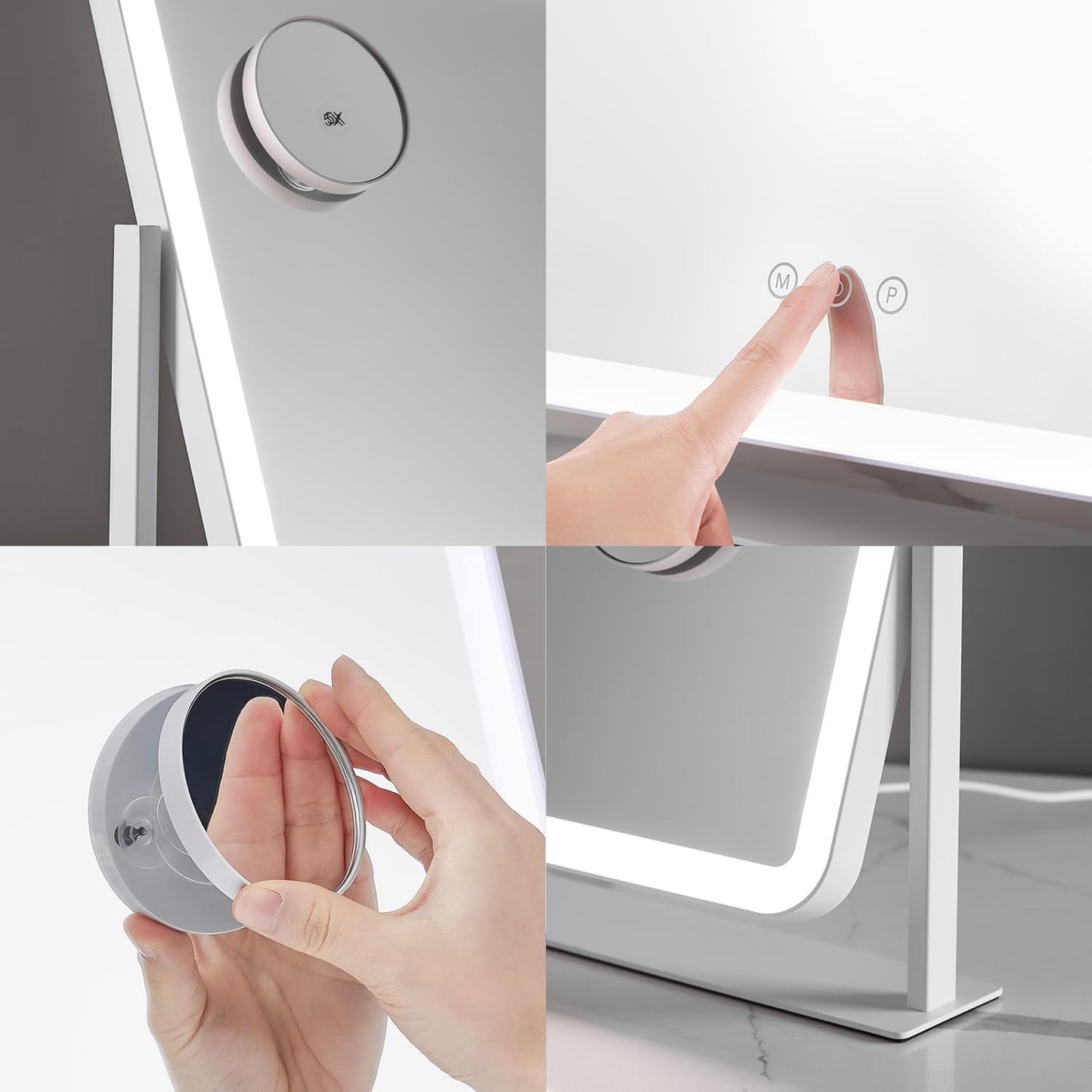 HIEEY Lighted Makeup Mirror, Hollywood Vanity Mirror with Lights, Three Color Lighting Modes, and 5X Magnification Mirror, Smart Touch Control, 360°Rotation (17.3in,White,Gift Box)