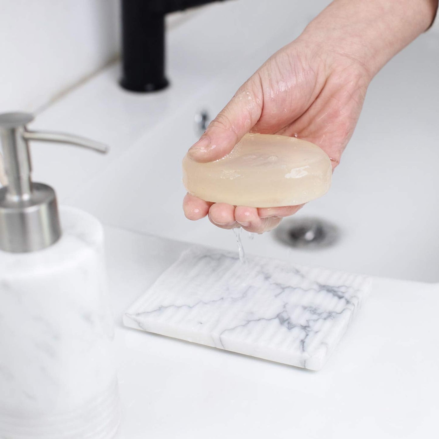 JIMEI White Marble Soap Dish Holder Jewelry Ring Tray Sink Dish Sponge Holder for Bathroom Shower, and Kitchen