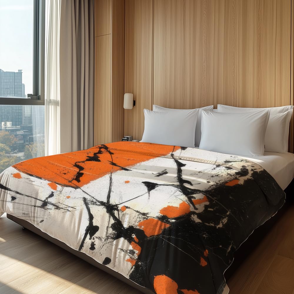 HUNXIAOJ Abstract Throw Blanket Orange and Black Flannel Blanket Abstract Orange Bedding Warm Soft Flannel for Bed Sofa Couch (59in x 70in)
