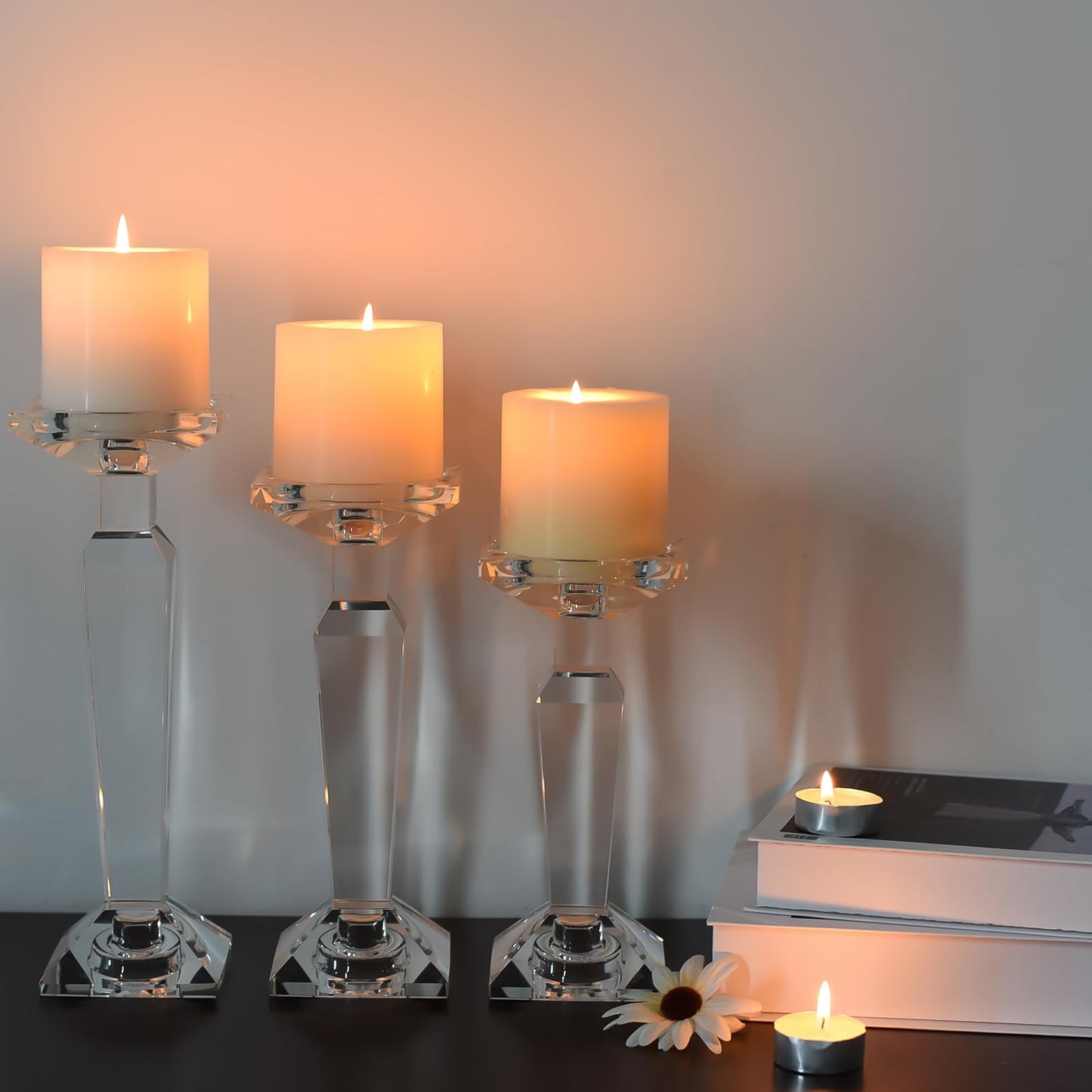 Marvala Crystal Candelabra Set, Dual-Sided Candle Holder Reversible for Taper, Tealight & Pillar Candles 3-in-1 Versatile Stand for Table, Wedding, Christmas, Home Holiday Decor (Set of 3-SML)