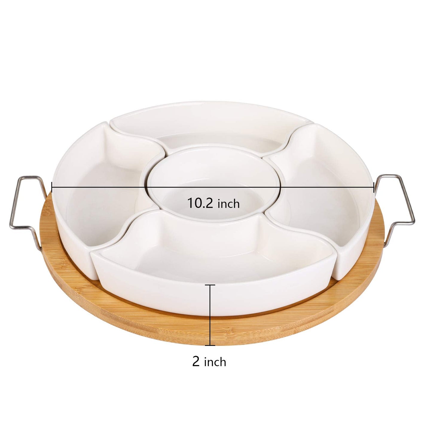 yarlung 11 Inch Ceramic Divided Serving Dishes with Bamboo Platter, Appetizer Tray 5 Removable Snacks Bowls for Candy and Nut, Chips and Dips, No Lid Included