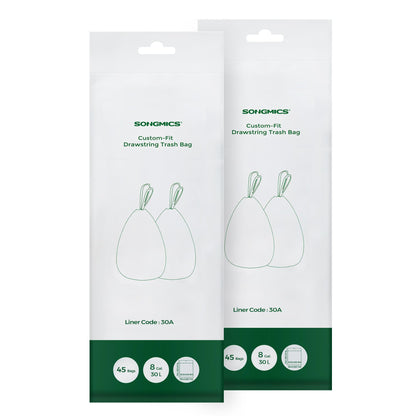 SONGMICS Drawstring Bin Liners, 30L Bin Liners, Code 30A, Customized, 2 Rolls, 90 Pieces, White KRB30A02