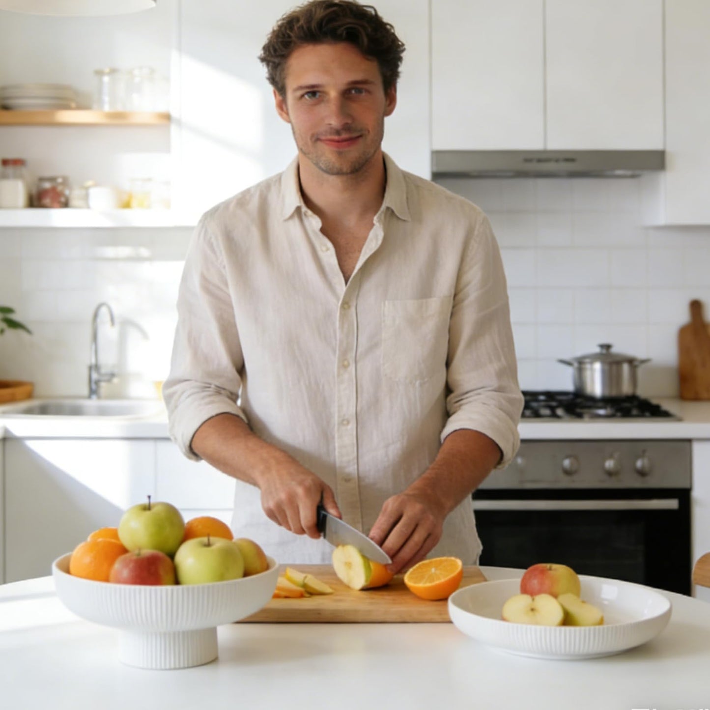 FAAYUCK Ceramic Fruit Bowl, 10" White Fruit Bowl for Kitchen Counter with Drainage Hole, Removable Pedestal Fruit Bowl with Non-Slip Pad, Large Decorative Fruit Bowl for Fruit, Vegetable, Salad, Snack