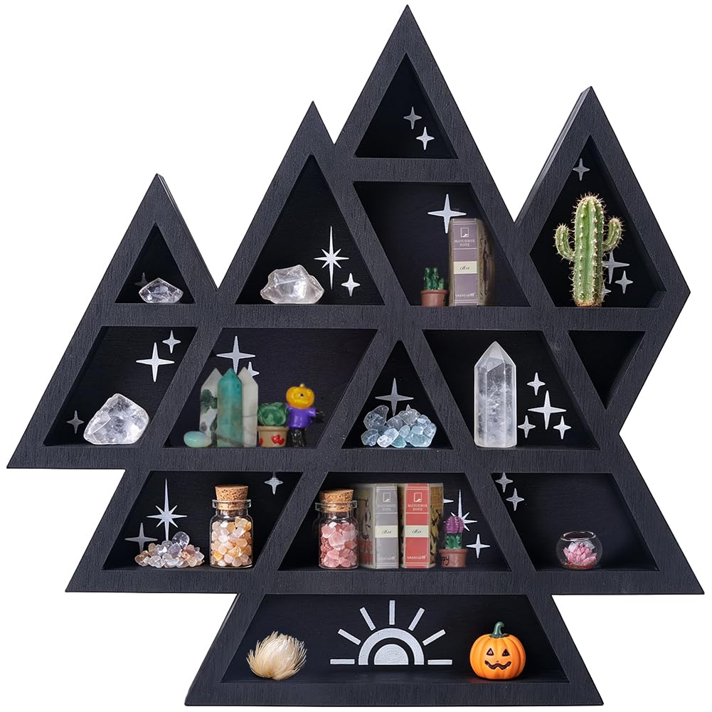 PRESSINART Crystal Display Wall Mount 11.8 x 11.8 Inch Rustic Floating Wall Decor, Wooden Mountain Shelves Oils Trinkets Gemstone Triangle Storage Organizer for Meditation Spiritual Gift Home Decor