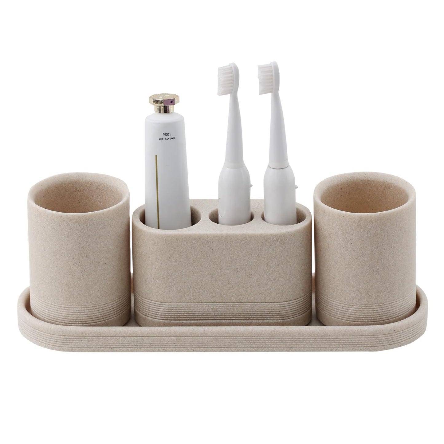 WUUAHOME Bathroom Accessories Set, 4 pcs Toothbrush Holders Set Included 3 Slots Electric Toothbrush and Toothpaste Holder Stand, 2 Tumblers & Tray for Bathroom Countertop Sink Modern Decor (Beige)