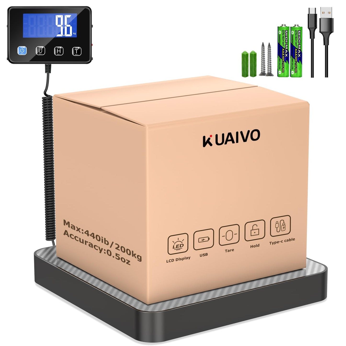 KUAIVO Parcel Scale, High Precision Platform Scales 200 kg/10 g with LCD/Hold/Tare Function, Stainless Steel Postal Scales for Packages, Luggage, Warehouse, Business and Home Use, Rechargeable