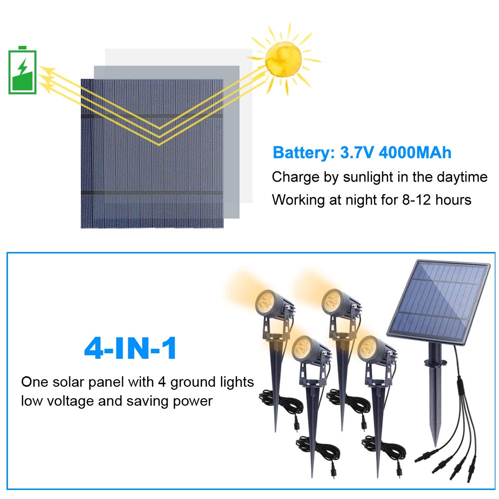 APONUO Metal Solar Spot Lights Outdoor with 9.8ft Cable Solar Powered Landscape Lighting Low Voltage IP65 Waterproof Auto On/Off for Outside Garden Yard Landscape Pathway Garage-Warm White(4-in-1)