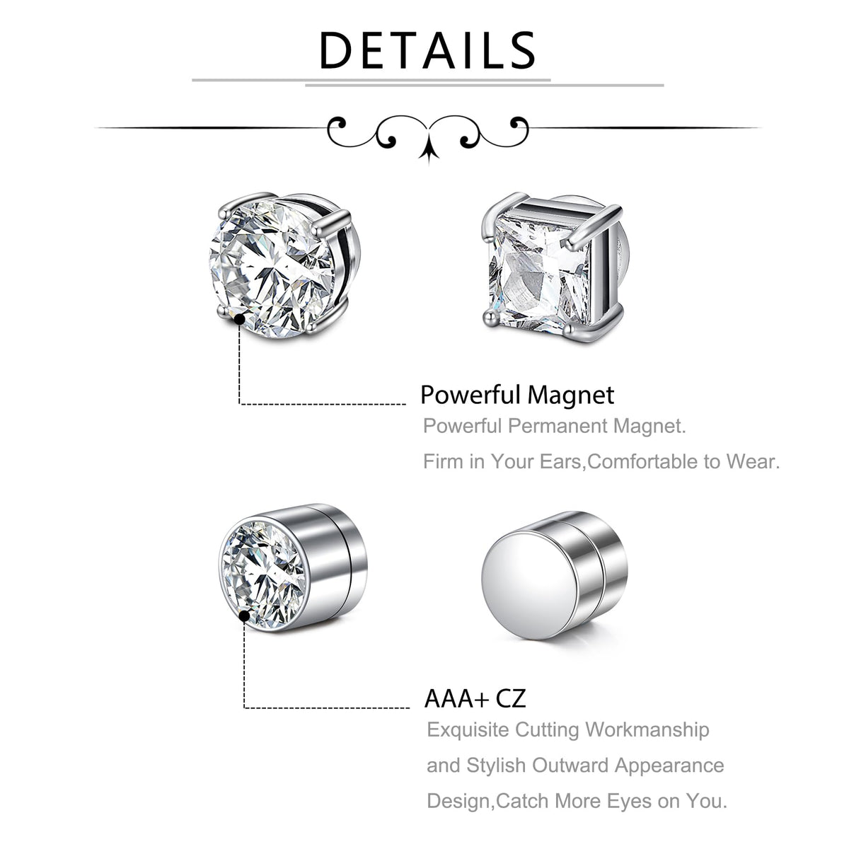 D.Bella Stud Earrings Fake Cubic Zirconia Diamond Earrings for Women Men Silver