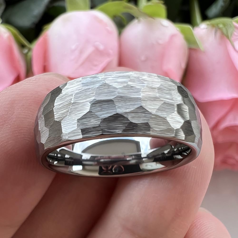 TUTISS 8mm Hammered Tungsten Carbide Rings for Men Women Engagement Wedding Bands Domed I Love You Engraved Comfort Fit Size 9