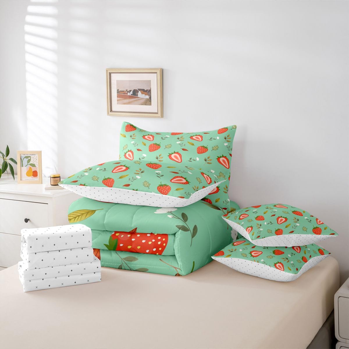 Erosebridal Strawberry 7 Piece Bedding Set Queen Floral Comforter Set with Sheets Plant Leaves Red Cartoon Fruits Bed in a Bag Green Leaf Kawaii Strawberry for Kids Boys Girls
