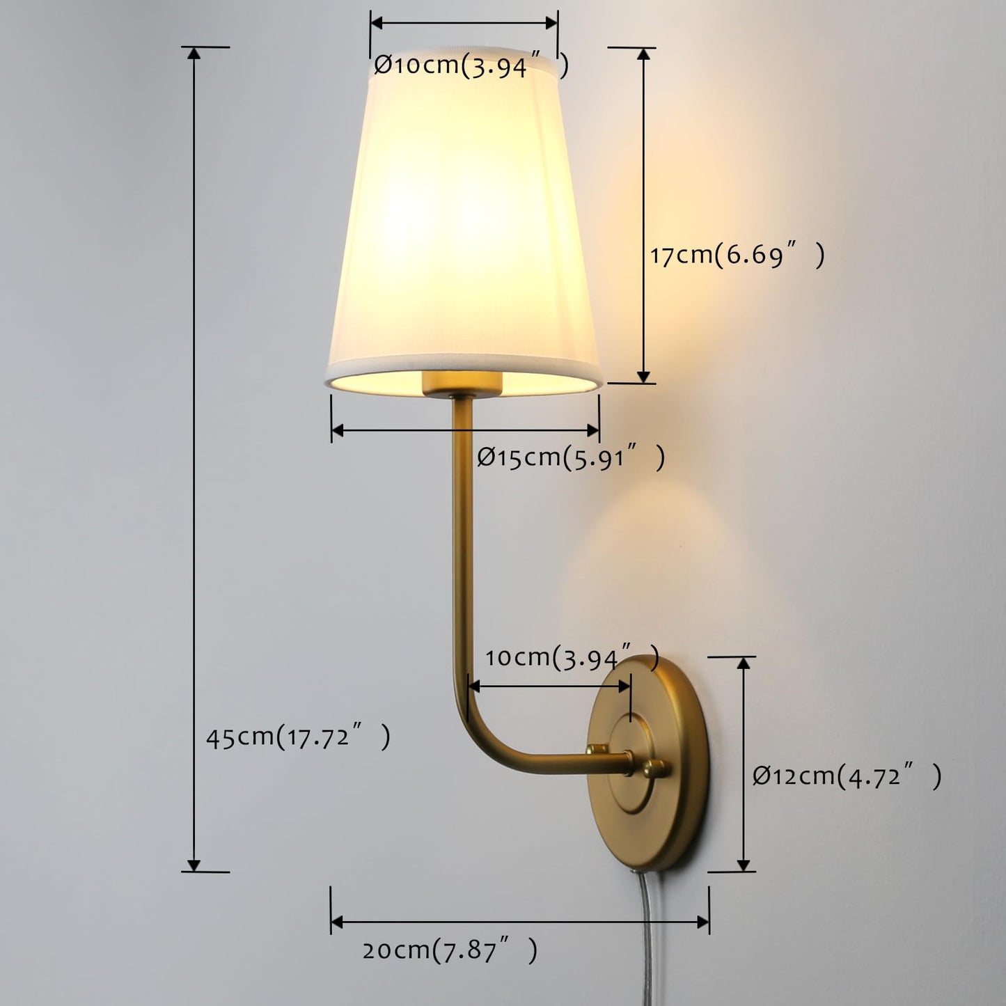 Pathson Set of 2 Plug in Wall Sconces, Rustic Wall Lighting Fixtures with On/Off Switch and Pure White Fabric Lampshade, Antique Brass Wall Lamps for Living Room Bedroom