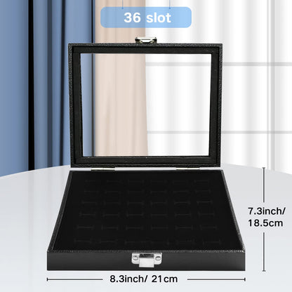 Ring Jewelry Organizer Box, 36 Slots Rings Display Storage Case Earring Showcase - Black Velvet Jewelry Stand Holder Tray with Transparent Glass Lid - Ideal Gift for Women Girl
