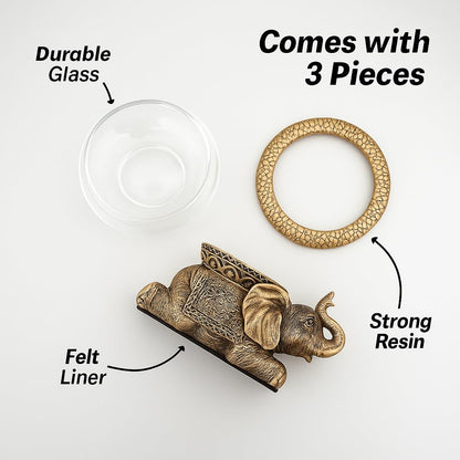 The Nifty Nook Good Luck Elephant Glass Bowl Gold Antiqued Polyresin Decorative Figurine with Removable Glass Bowl Terrarium, Candle Holder, or Tabletop Aquarium Home Decor with Gift Box