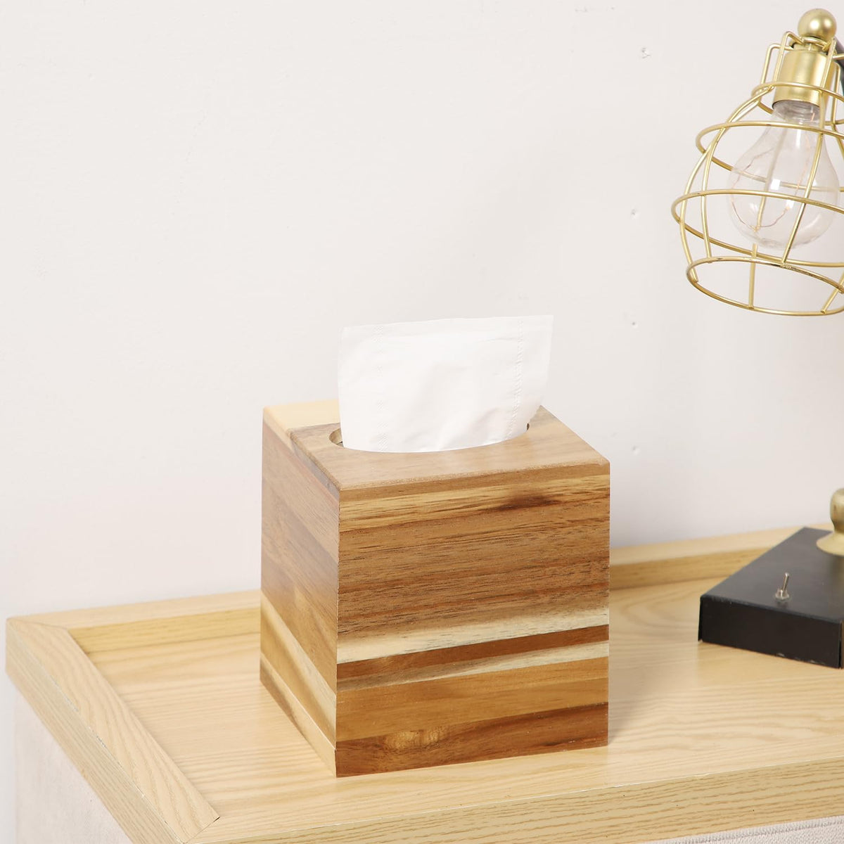 CATORY Tissue Box Cover, Acacia Wood Tissue Box Cover Square, Rustic Tissue Box Holder Covers Your Tissues, Decorative Tissue Cube Box Cover with Slide-Out Bottom