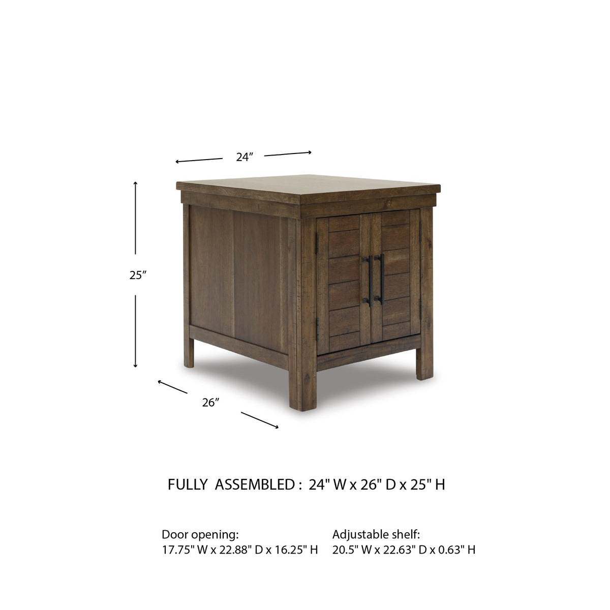 Signature Design by Ashley Moriville Rustic Farmhouse Rectangular End Table with Dual Cabinet Doors, Antique Bronze-Tone Hardware, Wood, 25" High, Brown