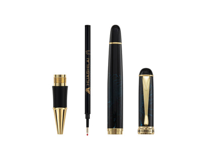 HUASHILAI Luxury Metal Rollerball Pen Set – Stainless Steel Barrel, Cool Fine Point Pen with Gift Box & 2 Extra Refills – Premium Business & Signature Pens for Men & Women (Black with Blue Fireworks)