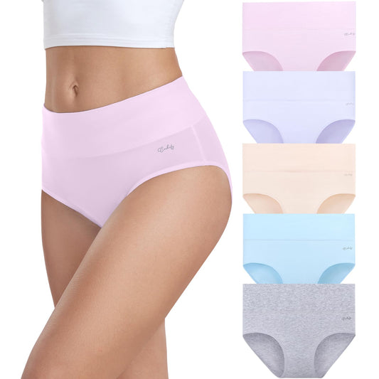 coskefy Underwear Women, High Waisted Cotton Knickers Ladies Full Briefs Soft Panties Slight Tummy Control Pants 5 Pack M