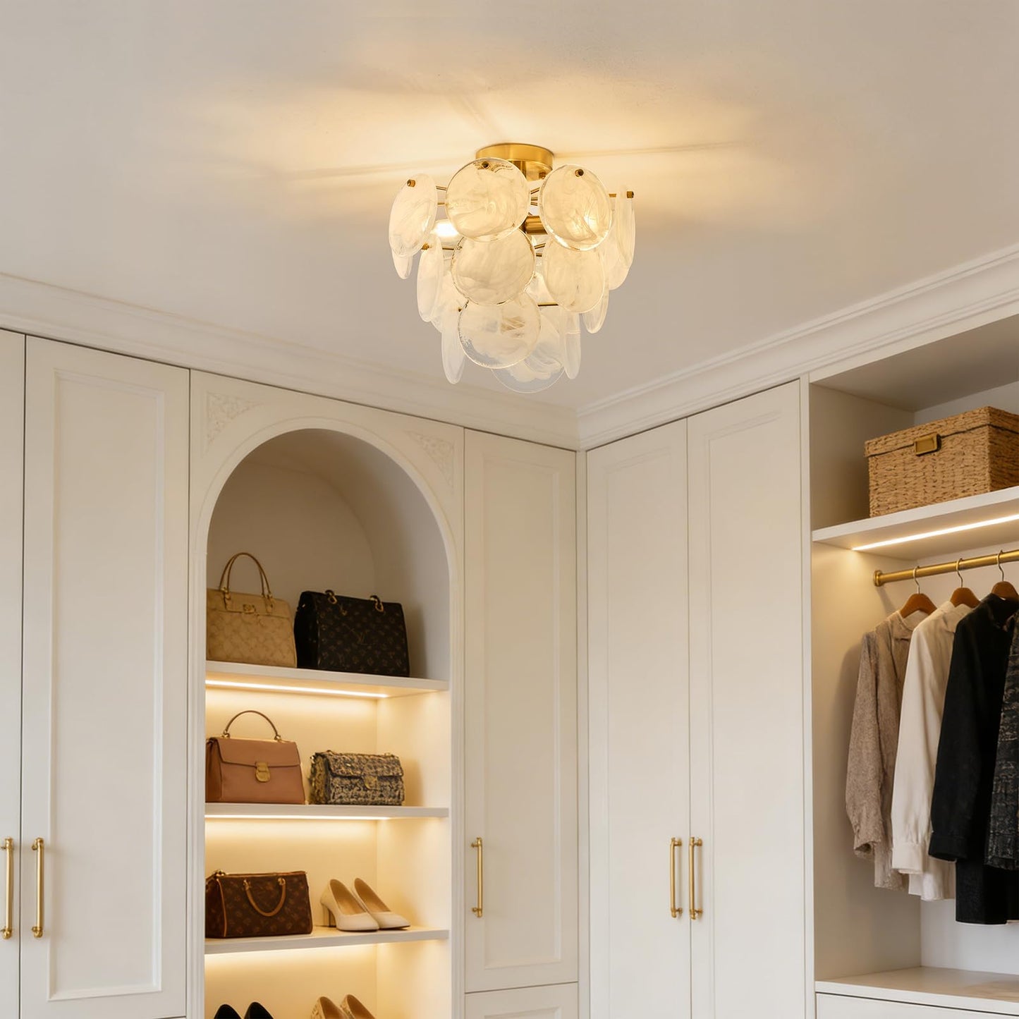 LOZOHOM 15" Brass Gold Semi Flush Mount Ceiling Light,13 lb Sturdy Vintage Flush Mount Chandelier with Unique Cloud Glass, 4-Light Modern Hallway Light Fixtures for Bedroom Laundry Room Foyer Entryway