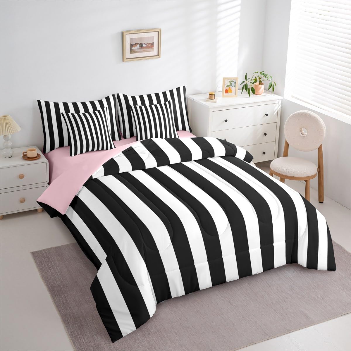 Erosebridal Black and White Striped King 7-Piece Bedding Set | Striped Comforter Set with Sheets Pink and Black Bed in a Bag for Kids Teens Adults Cute Pinstripe Girls Bedding Sets & Collections