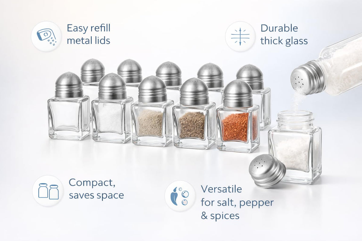 12 Pack Glass Salt and Pepper Shakers with Stainless Steel Lids – Square Refillable Spice Shaker Set for Restaurant, Kitchen, Diner & Commercial Use