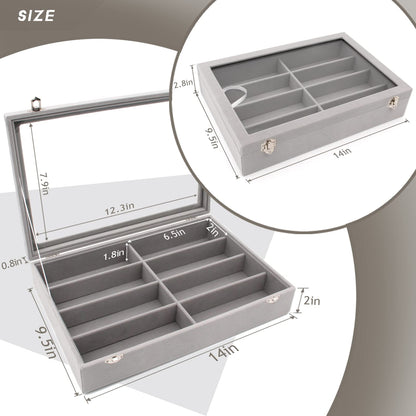 KLOUD City Luxury Sunglasses Organizer - 8 Slot Velvet Jewelry Storage Case with Clear Glass Lid | Dustproof, Scratch-Resistant Display for Glasses & Watches | Elegant Gift Box (14"x9.5")