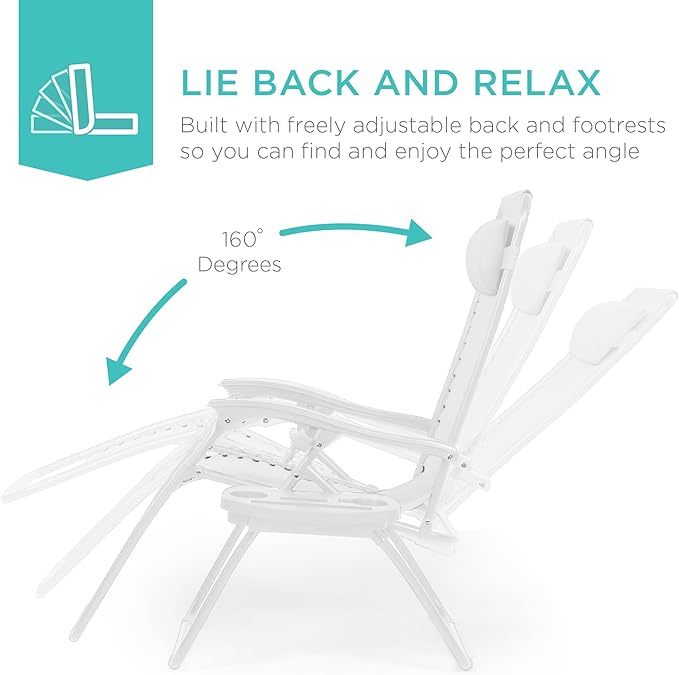 Best Choice Products Set of 2 Adjustable Steel Mesh Zero Gravity Lounge Chair Recliners w/Pillows and Cup Holder Trays - Snow