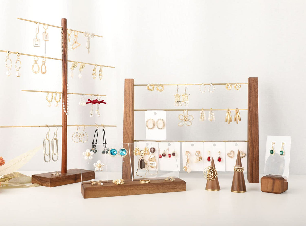 GemeShou 3 Tiers Walnut Earring display stands for selling, Wooden Jewelry Shelf, Earring Storage Organizer, Brass earring holders with 42 holes for stud Dangle Hoop【Walnut 3-Tier Height 9.45"】