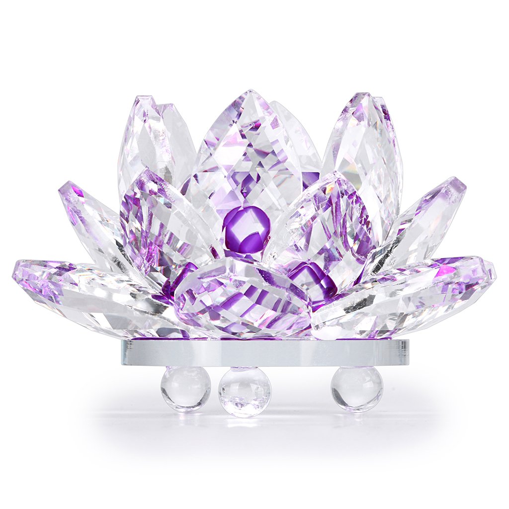 OwnMy Sparkle Crystal Lotus Flower Hue Reflection Feng Shui Home Decor with Gift Box (4 Inch/ 100MM Purple)